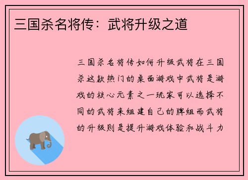 三国杀名将传：武将升级之道